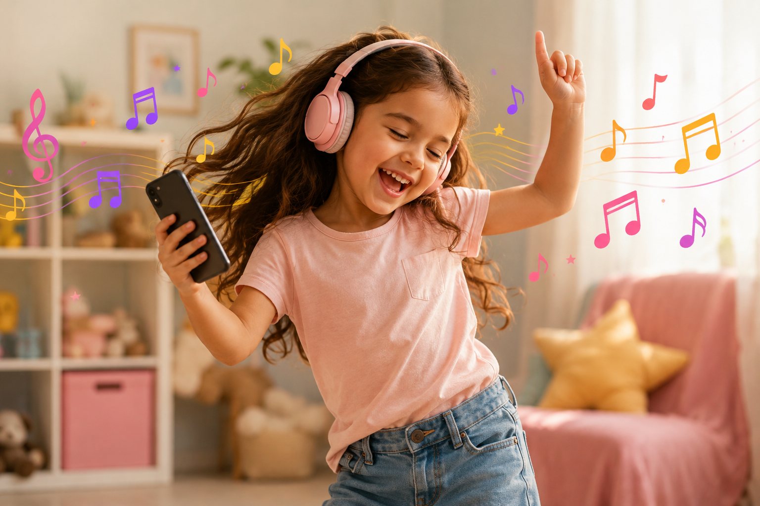 Criança feliz dançando com celular e notas musicais